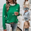 Women Sweet Heart Embroidery Knit Sweater Viscose Polyester Blend Lace Trim Collar Pullover Long Sleeve Casual Jumper Tops For Autumn Winter