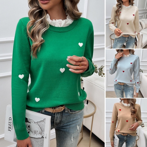 Women Sweet Heart Embroidery Knit Sweater Viscose Polyester Blend Lace Trim Collar Pullover Long Sleeve Casual Jumper Tops For Autumn Winter