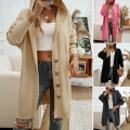 Women's Hooded Knit Cardigan Acrylic Polyester Blend Long Sleeve Button Down Sweater Mid Length Casual Outerwear Loose Fit Soft Cozy Knitwear For Autumn Winter