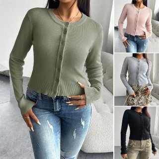 Women's Slim Fit Ribbed Knit Cardigan Sweater Round Neck Long Sleeve Button Down Sweater Top for Autumn Winter Elegant Commuter Style
