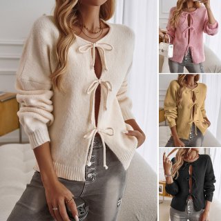 Women's Casual Knit Cardigan Sweater Loose Front Bow Lace-up Top Core-spun Yarn Long Sleeve Soft Outwear For Autumn Winter Ladies Fashion Solid Color Streetwear
