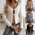 Women Sexy Hollow Out Knit Cardigan Polyester Long Sleeve V Neck Slim Fit Hidden Buckle Sweater Tops For Party Clubwear Daily Fall Winter