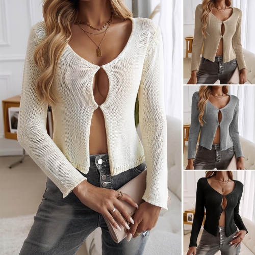 Women Sexy Hollow Out Knit Cardigan Polyester Long Sleeve V Neck Slim Fit Hidden Buckle Sweater Tops For Party Clubwear Daily Fall Winter