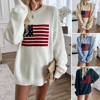 Women's Loose American Flag Knit Sweater Independence Day Oversized Round Neck Long Sleeve Pullover Autumn Winter Casual Knitwear Top