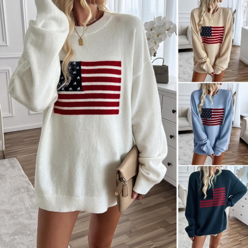 Women's Loose American Flag Knit Sweater Independence Day Oversized Round Neck Long Sleeve Pullover Autumn Winter Casual Knitwear Top