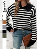 Women Elegant Striped Knit Sweater Turnover Navy Collar Long Sleeve Pullover Slim Fit Knitwear Tops Casual Acrylic Polyester Stripe Jumper Daily Wear