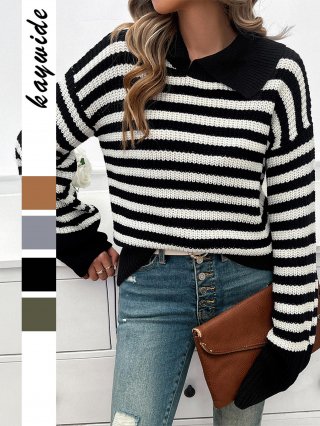 Women Elegant Striped Knit Sweater Turnover Navy Collar Long Sleeve Pullover Slim Fit Knitwear Tops Casual Acrylic Polyester Stripe Jumper Daily Wear