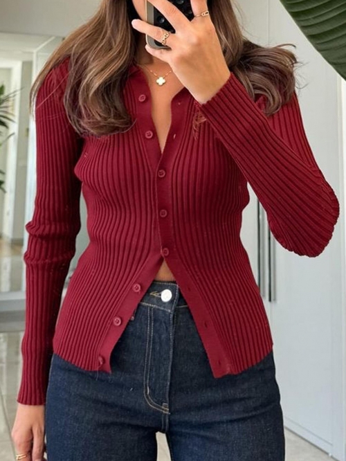 Women's Elegant 100% Viscose Ribbed Knit Cardigan Sweater Long Sleeve Polo Collar Slim Fit Button Up Top For Casual Office Daily Wear European Style