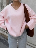 Acrylic Polyamide Polyester Blend Women's V Neck Knitted Sweater Loose Long Sleeve Solid Color Casual Soft Pullover Knit Top For Autumn Winter