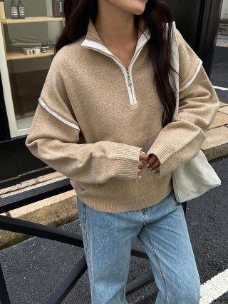 Women's Casual Half Zip Knitted Sweater Contrast Color Block Trim Long Sleeve Pullover Autumn Winter Loose Soft Comfortable Tops