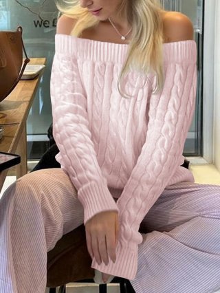 Women's Off-Shoulder Cable Knit Sweater Long Sleeve Viscose Polyester Polyamide Blend Loose Fit Solid Color Pullover For Autumn Winter Casual Daily Wear