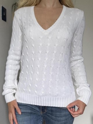 Women's Casual V-Neck Cable Knit Sweater Solid Color Long Sleeve Pullover Autumn Winter Soft Knitwear Tops For Women Ladies