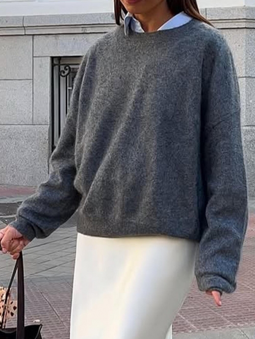Women's Casual Crewneck Long Sleeve Knit Sweater Loose Solid Color Pullover Top with 65% Polyester 13% Nylon 13% Acrylic 6% Wool 3% Spandex for Autumn Winter