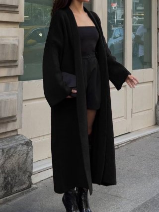 Women's Long Knit Cardigan Coat Acrylic Blend Solid Color Loose Fit Open Front Lapel Long Sleeve Sweater Outerwear For Autumn Winter Casual Streetwear