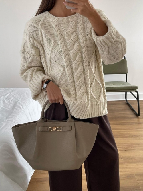 Women's Casual Cable Knit Sweater 100% Acrylic Soft Crew Neck Long Sleeve Pullover Tops Solid Color Thick Knitted Jumper For Autumn Winter Women