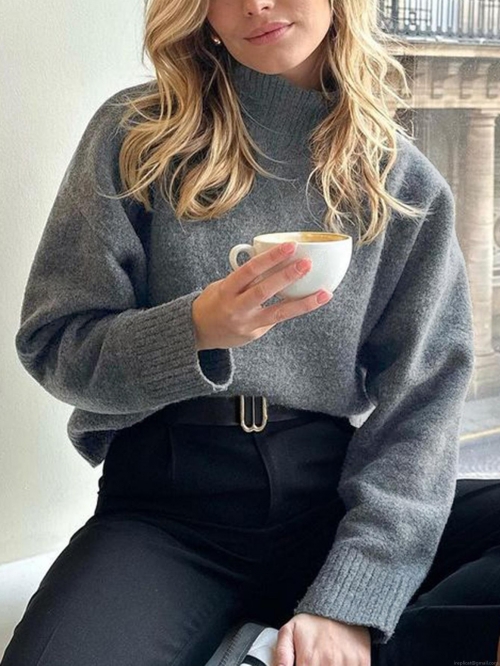 Women's Casual High Neck Teddy Fleece Sweater Loose Solid Color Long Sleeve Knit Pullover Top Autumn Winter Warm Leisure Wear Women Fashion Jumper