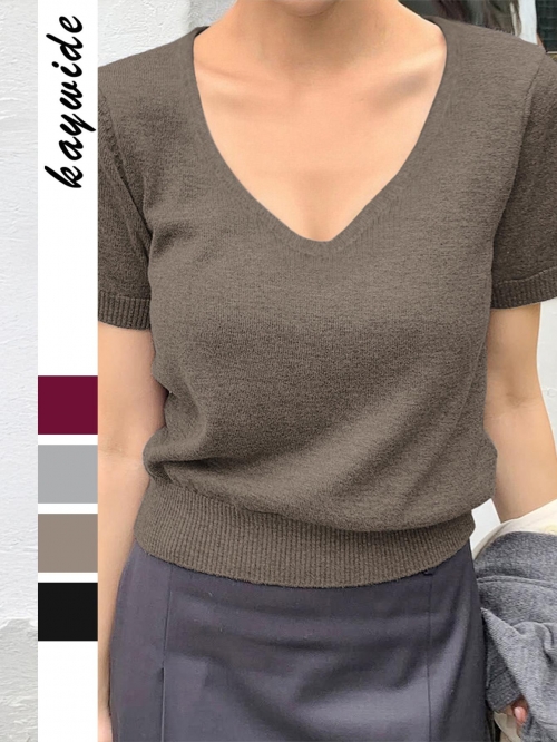 Women's Casual V-Neck Short Sleeve Knit Sweater Top 100% Polyester Soft Solid Color Minimalist Pullover Knit T-Shirt For Daily Office Travel Autumn Winter