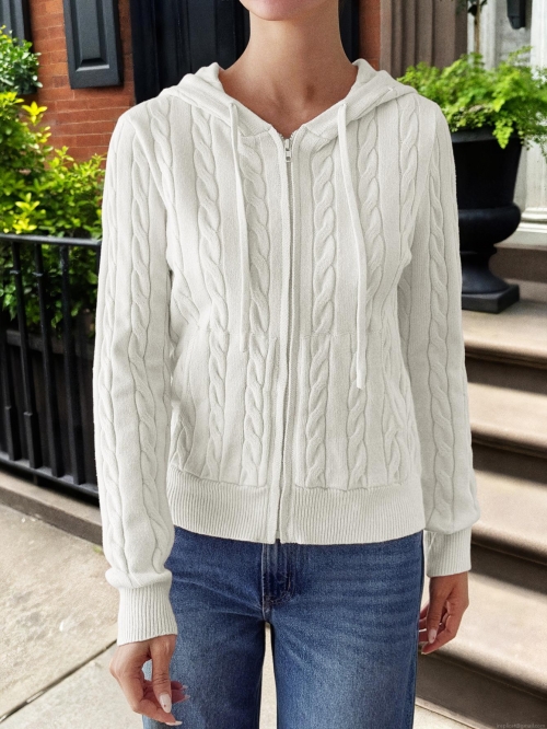 Women Zip Up Hoodie Cable Knit Sweater Long Sleeve Hooded Cardigan Viscose Blend Drawstring Casual Autumn Winter Warm Knitted Outwear For Women