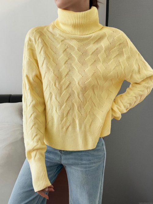 Women's Casual Knitted Sweater 100% Acrylic High Neck Long Sleeve Loose Pullover Jumper Solid Color Braided Texture Warm Winter Tops