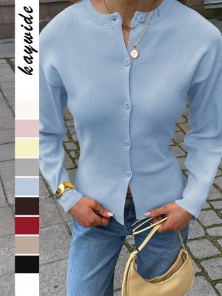 Women's Casual Ribbed Knit Cardigan Button Down Slim Fit Round Neck Long Sleeve Sweater Top Made Of Viscose Polyester Polyamide Blend