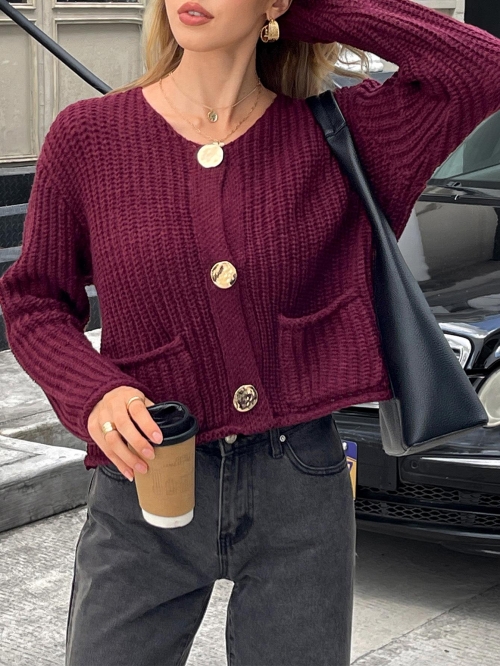 Women's Chunky Knit Cardigan Sweater 100% Polyester Round Neck Single Breasted Gold Buttons Front Pockets Long Sleeve Loose Fit Casual Warm Outwear For Autumn Winter Women Vacation Streetwear