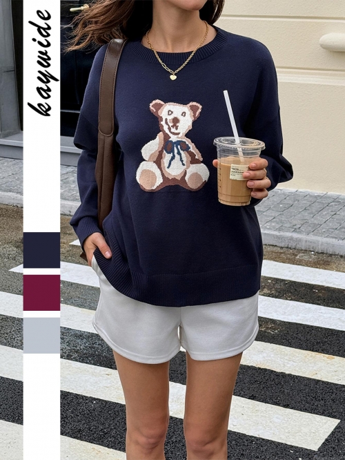 Women's Casual Knit Sweater Viscose Blend Long Sleeve Round Neck Loose Fit Teddy Bear Jacquard Pullover For Autumn Winter Daily Vacation