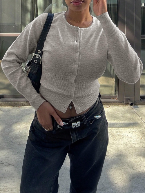 Women's Casual Solid Color Long Sleeve Knitted Cardigan Sweater Viscose Blend Round Neck Button Down Ribbed Waist Slim Fit Autumn Winter Knitwear Top