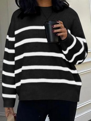 Women's Striped Knit Sweater Backless Deep V-Neck Pullover Loose Long Sleeve Wool Blend Jumper Casual Autumn Winter Clothing For Women