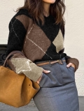 Women's Argyle Knit Sweater Patchwork Long Sleeve V Neck Loose Pullover Acrylic Polyamide Polyester Blend Casual Elegant Winter Knitwear Top