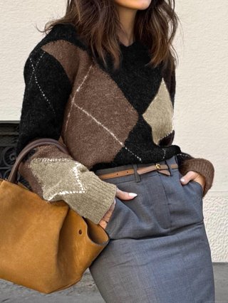 Women's Argyle Knit Sweater Patchwork Long Sleeve V Neck Loose Pullover Acrylic Polyamide Polyester Blend Casual Elegant Winter Knitwear Top