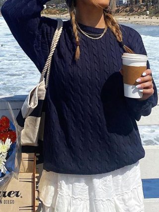 Women's Cable Knit Sweater Viscose Blend Round Neck Long Sleeve Pullover Casual Vacation Loose Fit Warm Winter Jumper Top