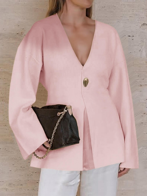 Women's Elegant V Neck Single Button Cardigan Sweater Viscose Blend Knit Long Sleeve Ribbed Top With Belt For Casual Office Daily Wear