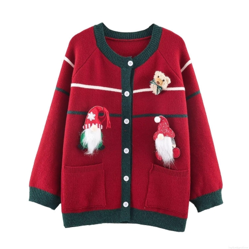 Women's Christmas Knit Cardigan 100% Polyester Loose Fit Button Up Sweater With 3D Plush Teddy Bear Gnome Patches LED Light Up Holiday Party Casual Outerwear
