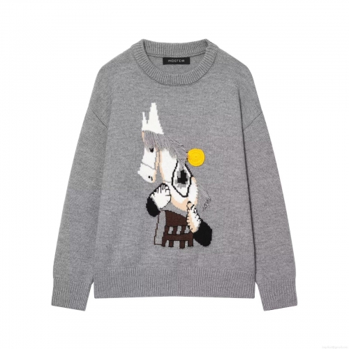 Women's Long Sleeve Knit Sweater Embroidered Horse Design Round Neck Polyester Pullover Loose Casual Warm Top For Autumn Winter Ladies Clothing