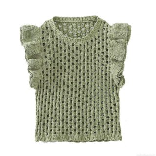 Women's Sweet Hollow Out Knit Vest Top Ruffle Fly Sleeve Round Neck Sleeveless Layering Sweater Solid Color Vintage Style Tank Top For Daily Wear
