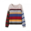 Women's Rainbow Striped Knit Sweater Retro Oversized Pullover Round Neck Long Sleeve Casual Loose Jumper Top for Autumn Winter Streetwear