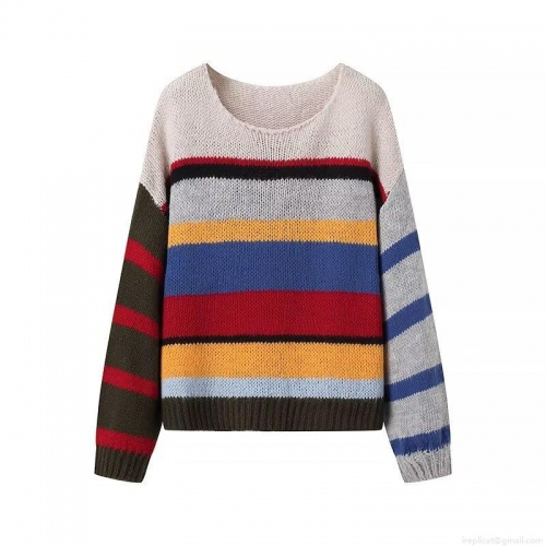 Women's Rainbow Striped Knit Sweater Retro Oversized Pullover Round Neck Long Sleeve Casual Loose Jumper Top for Autumn Winter Streetwear