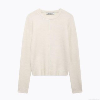 Women's Casual Round Neck Knit Sweater Loose Pullover Long Sleeve Top With Decorative Contrast Seam Lines 100% Polyester Knitwear For Autumn Winter