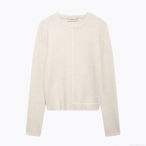 Women's Casual Round Neck Knit Sweater Loose Pullover Long Sleeve Top With Decorative Contrast Seam Lines 100% Polyester Knitwear For Autumn Winter