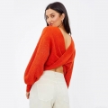 Sexy Backless Knit Sweater Women Autumn Winter Cross Wrap V Neck Long Sleeve Ribbed Crop Top Pullover Fashion Solid Color Polyester Knitwear