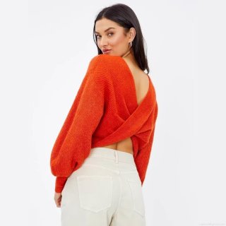 Sexy Backless Knit Sweater Women Autumn Winter Cross Wrap V Neck Long Sleeve Ribbed Crop Top Pullover Fashion Solid Color Polyester Knitwear