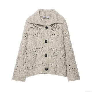 Women's Casual Hollow Out Knit Cardigan Long Sleeve Lapel Button Down Loose Sweater Short Knitted Coat 100% Polyester Outwear For Fall Winter