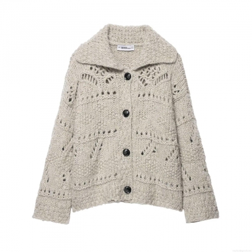 Women's Casual Hollow Out Knit Cardigan Long Sleeve Lapel Button Down Loose Sweater Short Knitted Coat 100% Polyester Outwear For Fall Winter