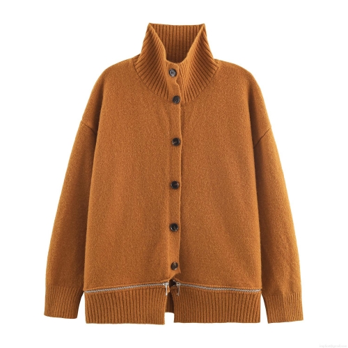 Women High Neck Knit Cardigan Sweater Polyester Loose Fit Long Sleeve Button Down Coat With Hem Zipper Decoration Casual Lazy Style Fall Winter Outerwear