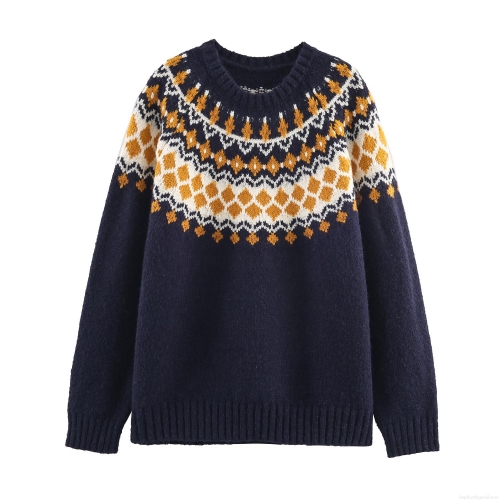 Women Retro Round Neck Fair Isle Jacquard Sweater Loose Long Sleeve Knit Pullover Top Autumn Winter Warm Soft Casual Oversized Knitwear
