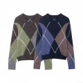 Women's Vintage Argyle Plaid Knit Sweater 100% Polyester Round Neck Color Block Long Sleeve Pullover Jumper For Casual Daily Streetwear