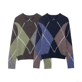 Women's Vintage Argyle Plaid Knit Sweater 100% Polyester Round Neck Color Block Long Sleeve Pullover Jumper For Casual Daily Streetwear