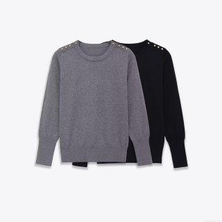 Women's Round Neck Pullover Sweater Long Sleeve Polyester Knit Top With Shoulder Gold Buttons Solid Color Fashion Casual Jumper For Autumn Winter