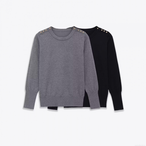 Women's Round Neck Pullover Sweater Long Sleeve Polyester Knit Top With Shoulder Gold Buttons Solid Color Fashion Casual Jumper For Autumn Winter