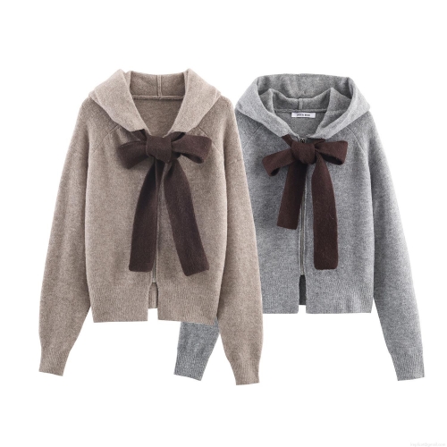 Women's Hooded Polyester Knit Cardigan Sweater With Large Bow Decoration Zipper Front Solid Color Long Sleeve Knitwear For Autumn Winter Casual Streetwear
